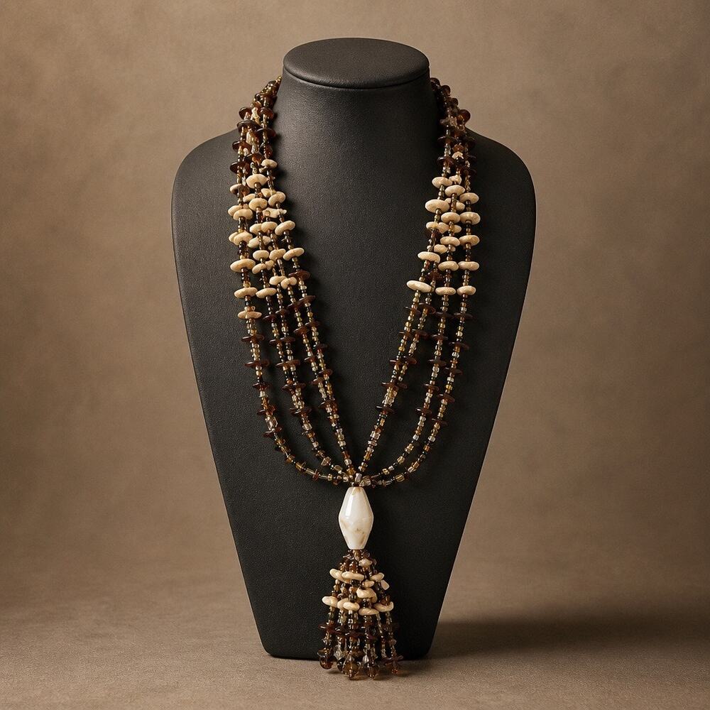 1970’s Vintage 4-Strand Seed Bead & Carved Bone/Shell Lariat Tassel Necklace